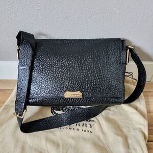 Burberry Medium Lockford Flap Calf Grain Textured Leather Crossbody Bag in Black